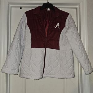University Script A Quilted Puffer Jacket in White and Crimson